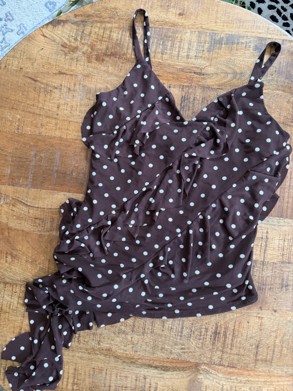 Thirty Thirty - Viral Brown Polka Dot Ruffle Tank with Cream Dots